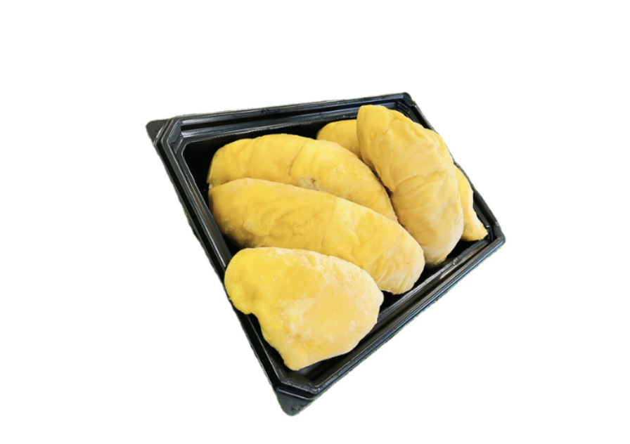 Premium golden yellow frozen durian pulp packaged in a black tray