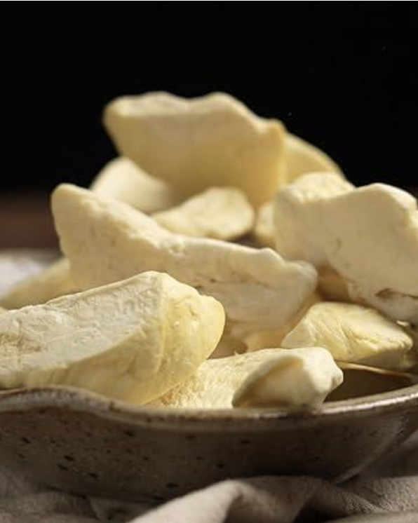 A bowl of crunchy freeze-dried durian chips showcasing premium processed fruit