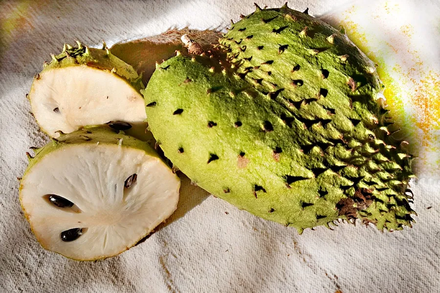 Fresh soursop fruit cut in half revealing its complex and moist texture which makes it unsuitable for air fryer dehydration