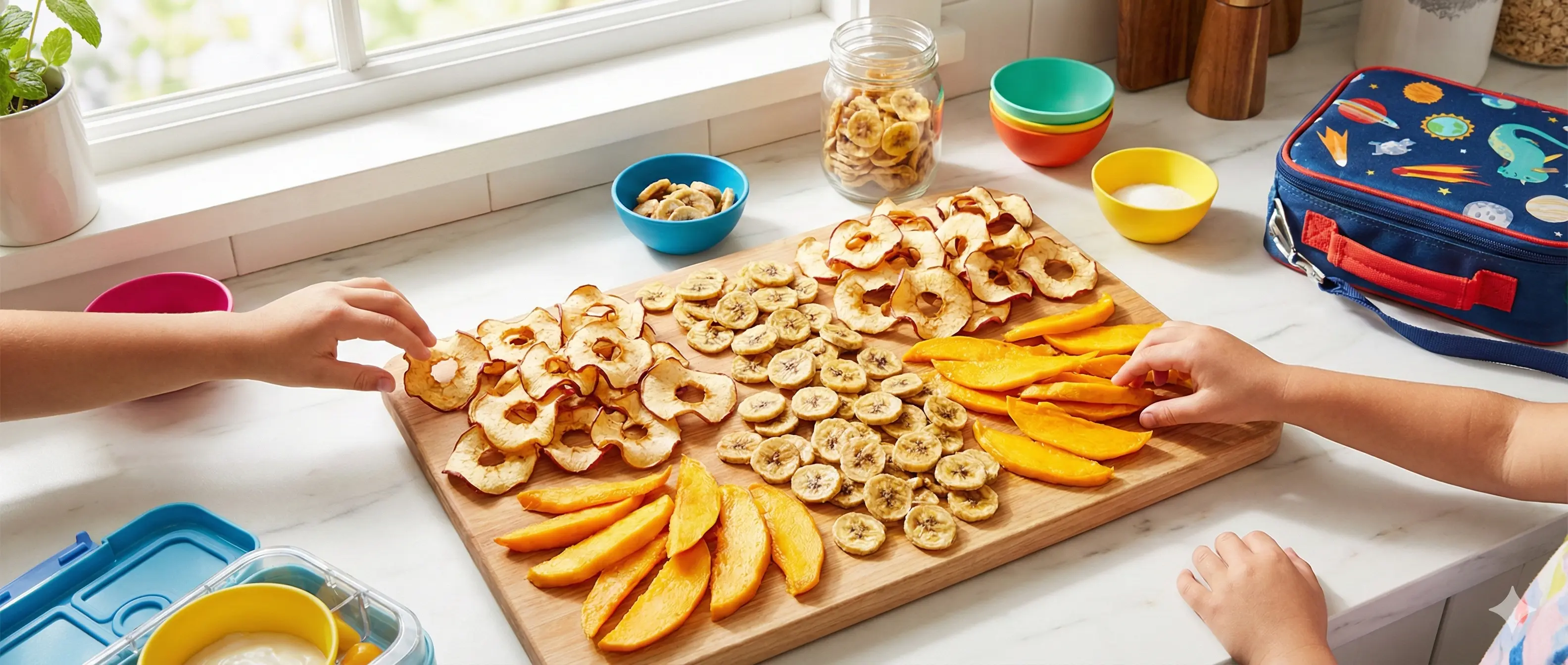 A wooden cutting board filled with various air fryer dried fruits like mango, apple, and banana being prepared for snacking