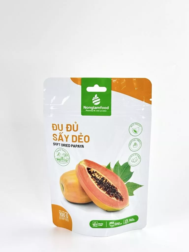 Nong Lam Food Soft Dried Papaya pouch highlighting real fruits and high dietary fiber