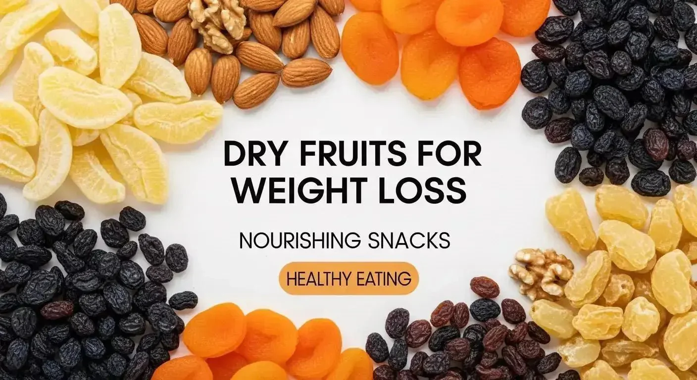 A variety of dry fruits arranged on a white background, representing healthy snack options for weight management
