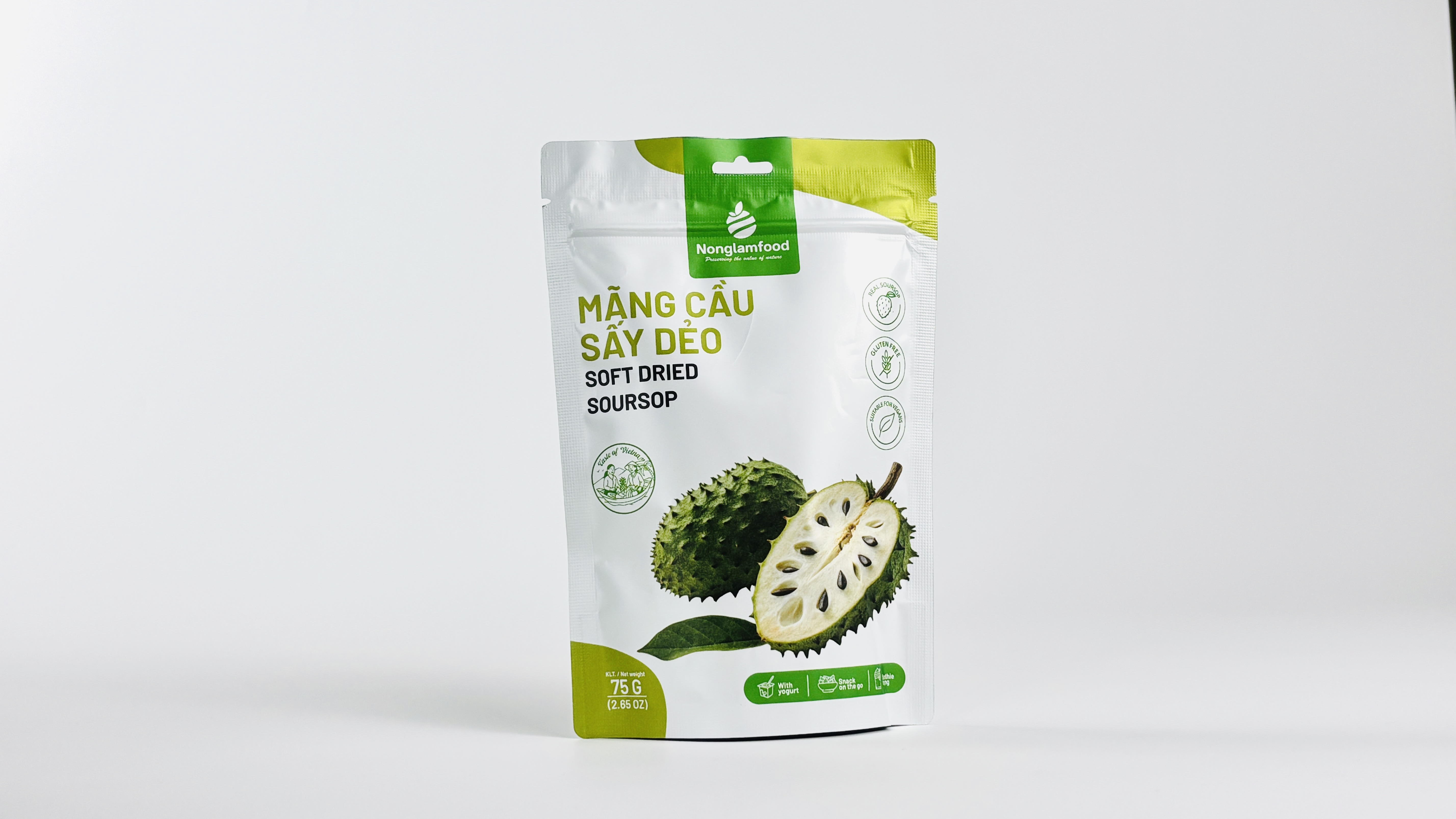 Nong Lam Food Soft Dried Soursop packaging showing a healthy low-sugar snack option