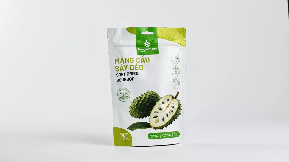 Nong Lam Food Soft Dried Soursop packaging showing a healthy low-sugar snack option