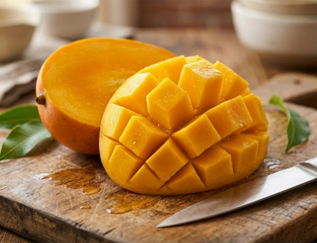 Workers carefully selecting and preparing fresh mangoes before the drying process