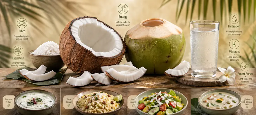Lightly toasted coconut chips packed with MCTs and fiber, representing a healthy daily snack