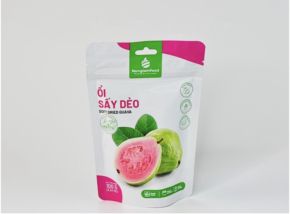 Nong Lam Food soft dried guava pouch featuring fresh pink guava slices