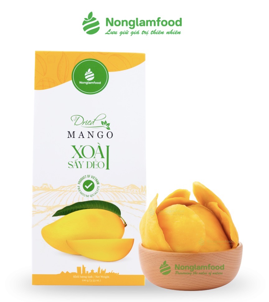 Nong Lam Food premium soft dried mango slices packaged with clear quality indicators