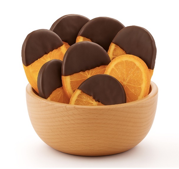 Dried orange slices half-dipped in premium dark chocolate