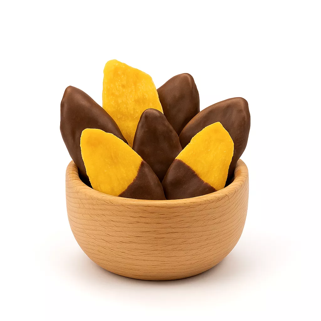 Dark Chocolate Covered Dried Mango in a wooden bowl